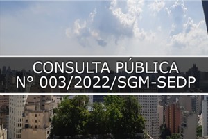 Fotografia que mostra cidade de São Paulo, tem vários Prédios e no meio Escrito CONSULTA PÚBLICA N° 003/2022/SGM-SEDP