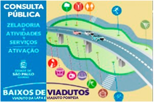 Desenho de viaduto com 3 carros em cima, no lado esquerdo tem faixa azul na vertical escrito,   Edital de Licitação, Zeladoria + Atividades + Serviços Ativação, logotipo da cidade de São Paulo, Baixos de Viaduto.