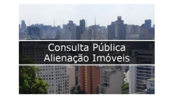 Foto de prédios da cidade de São Paulo com escrita no meio "Consulta Pública Alienação Imóveis"