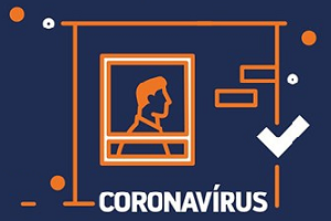 Imagem de fundo azul com pictograma de uma casa, e pela janela se vê um homem de perfil, na cor laranja. Abaixo do pictograma, há a inscrição "Coronavírus".
