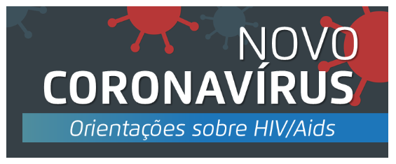 Pra Cego Ver: banner com fundo cinza e ilustrações de vírus em vermelho e cinza claro. Texto Novo Coronavírus - Orientações sobre HIV/Aids em branco ao centro alinhado à esquerda