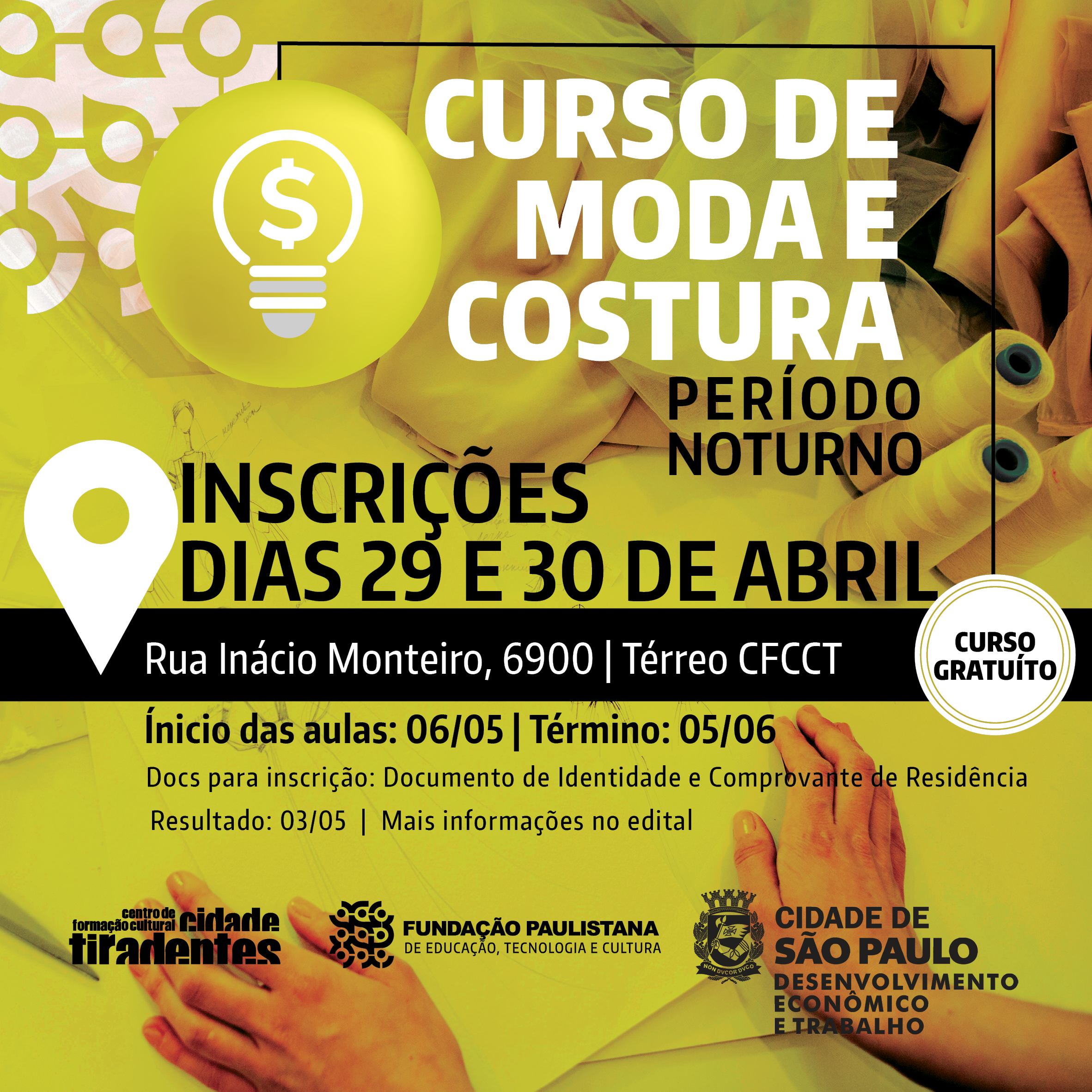 Imagem de acessórios de costura e informações sobre o curso.