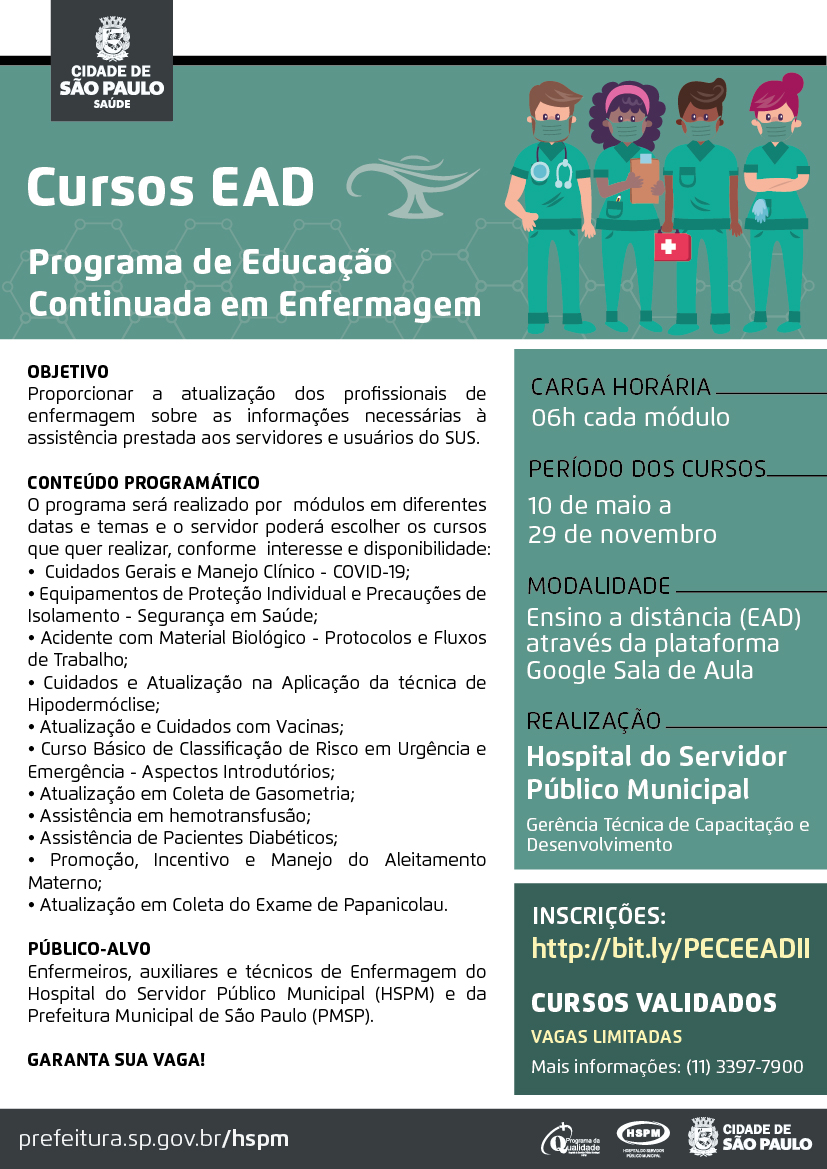 Cartaz na cor verde com informações sobre os módulos do programa de educação continuada em enfermagem