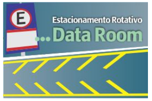 Imagem com fundo azul, no lado esquerdo com placa de estacionamento e no meio escrito - Estacionamento Rotativo Data Room