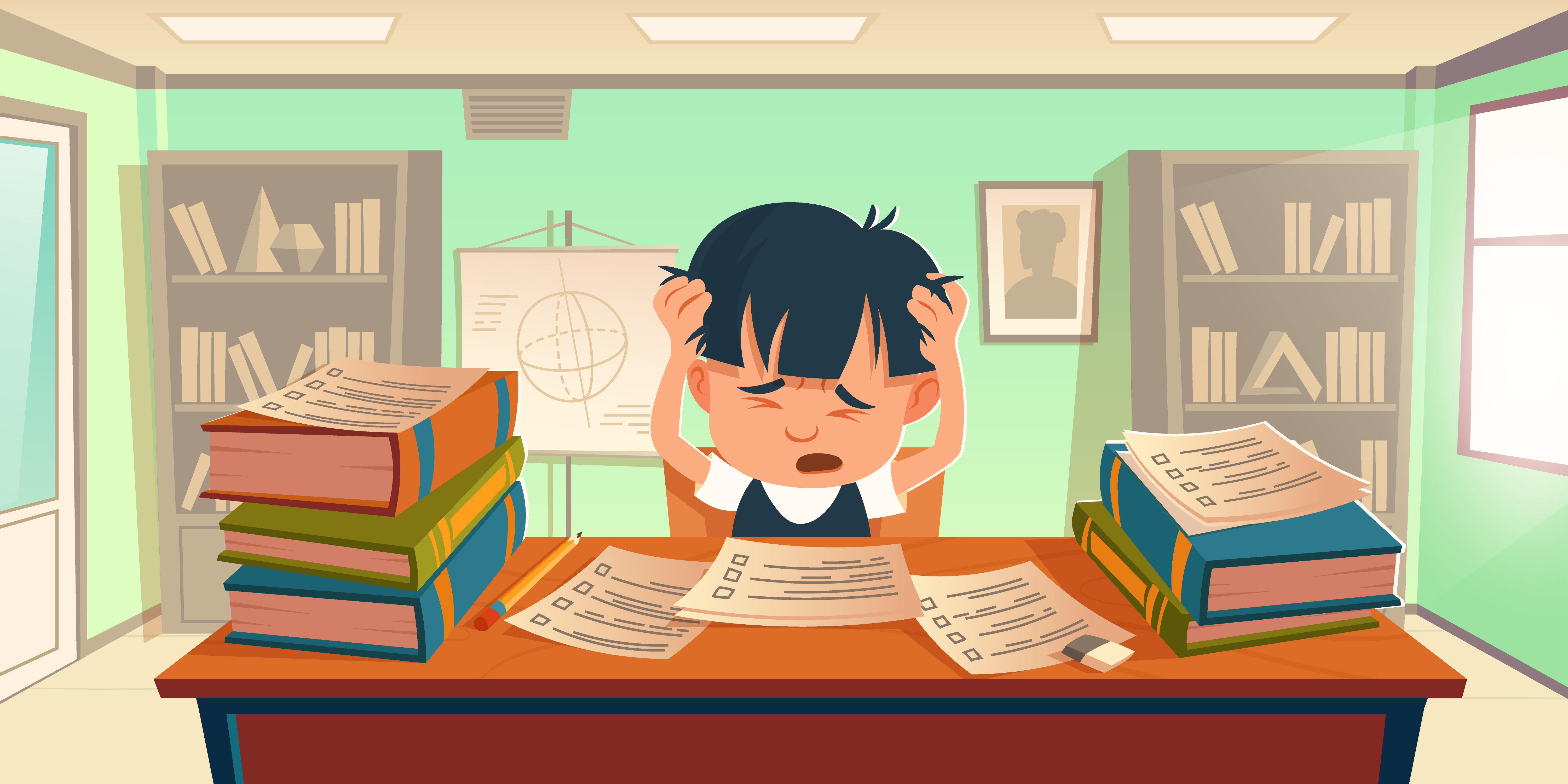 Imagem ilustrativa com menino se sentindo confuso, sentado em uma mesa com livros