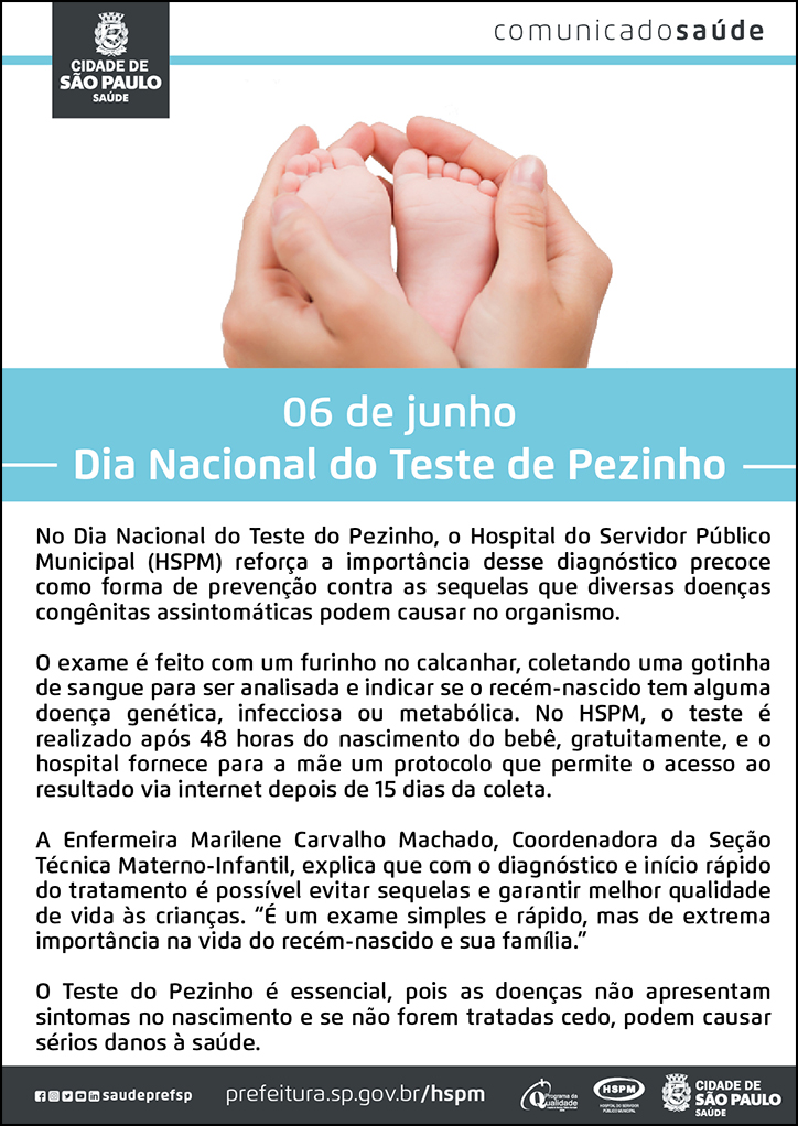 Cartaz com o texto sobre o Dia Nacional do Teste do Pezinho