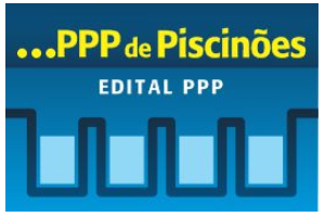 Imagem com fundo azul, tem quatros caixas que representa reservatório interligados.
em cima escrito - Edital PPP