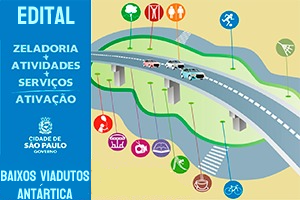 Imagem que representa viaduto, em cima do viaduto tem três carros. Do lado esquerdo tem faixa na vertical na cor azul escrito edital de Licitação, tem símbolo da cidade de São Paulo Baixos de viadutos.