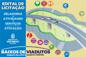 Imagem que presenta viaduto, em cima do viaduto tem três carros. Do lado esquerdo tem faixa na vertical na cor azul escrito edital de Licitação, tem símbolo da cidade de São Paulo Baixos de viadutos.
