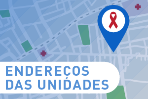 Banner com ilustração de um mapa, com um ícone localizador no canto superior esquerdo. Dentro do ícone há o laço vermelho símbolo da aids. O banner tem ainda o texto Endereços das Unidades escrito dentro de um retângulo branco com ponta arredondada.