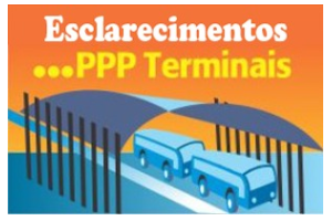 Imagem que possui dois ônibus na cor azul, estão parado no ponto ônibus. E o céu está laranjado.
Na parte de cima está escrito:Esclarecimentos PPP Terminais.