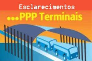 Imagem representado terminal de ônibus, com dois ônibus na área coberta e encima escrito Esclarecimentos ...PPP Terminais