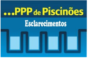 imagem com fundo azul, tem 4 quadrados na cor azul claro que presente reservatório e  interligados. Em cima escrito ...PPP de Piscinões. Esclarecimentos