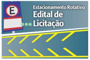 Imagem com fundo azul, no lado esquerdo com placa de estacionamento e no meio escrito - Estacionamento Rotativo Edital de Licitação