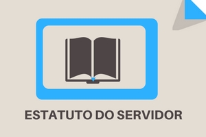 Imagem de um livro aberto cinza em fundo bege. Em volta do livro, um contorno azul. Abaixo, o texto: Estatuto do Servidor.