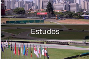 A imagem mostra pista de corrida do Interlagos com 3 carros correndo e no meio escrito estudos