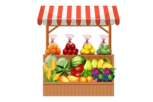 A imagem mostra uma tenda de madeira com frutas, verduras e legumes