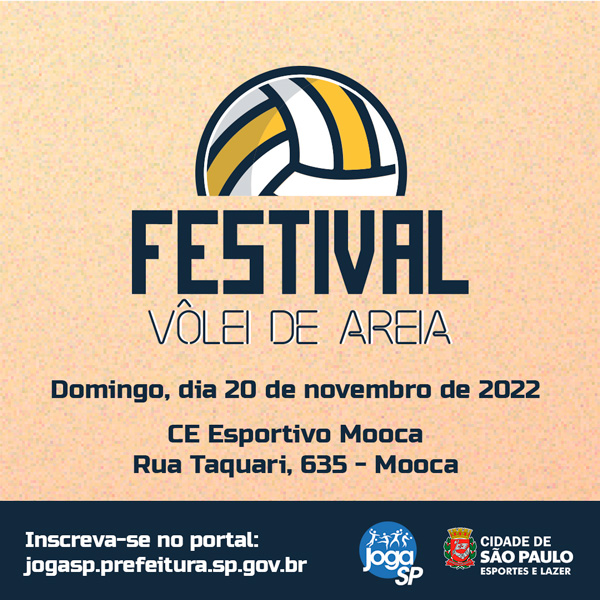 Na imagem, arte do Festival de Vôlei de Areia com uma bola e areia de fundo. Também contém o brasão da Secretaria Municipal do Esporte e Lazer e o logo do Joga SP