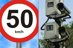 Imagem com placa de 50km/h e radares eletrônicos