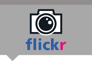 Descrição #PraCegoVer: Retângulo com fundo cinza, pictograma de máquina fotográfica e a palavra "Flickr".