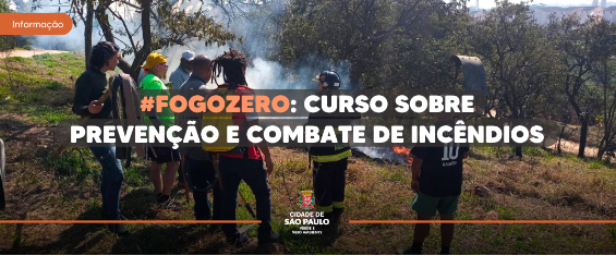 Imagem de seis homens acompanhando um bombeiro que aponta para uma área de fogo em meio às árvores de um parque. À frente, há um letreiro escrito "#FOGOZERO: CURSO SOBRE PREVENÇÃO E COMBATE DE INCÊNDIOS".