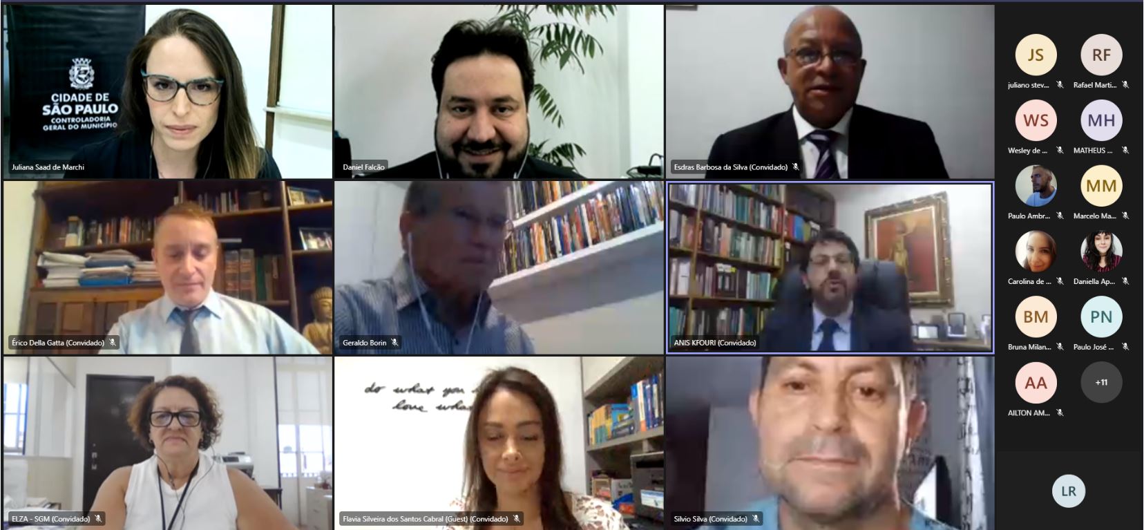 Print de tela de reunião virtual com representantes do Conselho de Usuários dos Serviços Públicos de São Paulo, entre eles está o Controlador Geral do Município, Daniel Falcão.
