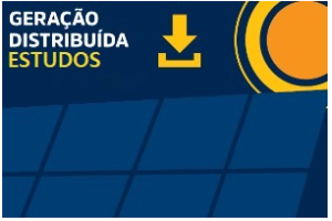 Imagem com o fundo Azul, no canto  direito tem o sol, central seta apontado pra baixo representando o  download, canto esquerdo escrito Geração Distribuída o e baixo escrito estudos  parte inferior vários quadrados azul representado a placa solar.