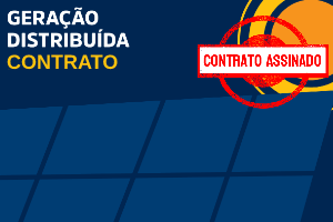 Ilustração de uma placa solar e sobre está escrito "Geração Distribuída Contrato" e um carimbo de contrato assinado