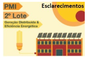 imagem que tem sol no lado direito, embaixo tem residência com placa  solar. esta escrito PMI segundo lote, Geração Distribuída Eficiência Energética - Esclarecimentos