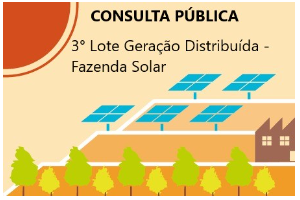 imagem que mostra fazenda com placas solares e sol. Consulta Pública, 3° Lote Geração Distribuída - Fazenda Solar"
