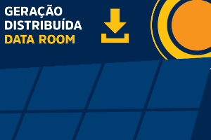 Imagem com o fundo Azul, no canto  direito tem o sol, central seta apontado pra baixo representando o  download, canto esquerdo escrito Geração Distribuída o e baixo escrito data room, parte inferior vários quadrados azul representado a placa solar.