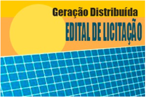 Desenho dividido na horizontal que tem circulo amarelo que reapresenta o sol e fundo amarelo mais forte e na outra metade vários quadradinhos azuis repesem uma placa solar. no lado esquerdo escrito Geração Distribuída e embaixo edital de licitação