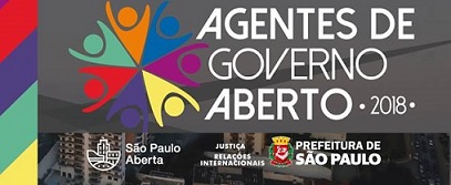 Banner do programa Governo Aberto, com logo da SP Aberta, Secretarias Municipais de Justiça e Relações Internacionais e Prefeitura de São Paulo