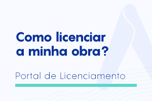 Botão branco com escritos em azul "Como linceciar minha obra? Portal de Licenciamento"