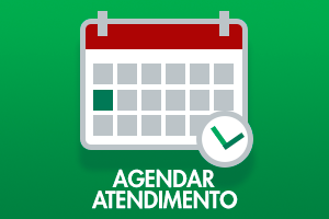 Em um fundo verde, desenho de um calendário e um relógio. Abaixo o texto Agendar Atendimento.