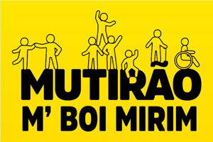 Ilustração de 8 bonecos - um cadeirante e um com mobilidade reduzida - sob um fundo amarelo, acima das palavras "Mutirão M'Boi Mirim" em preto.