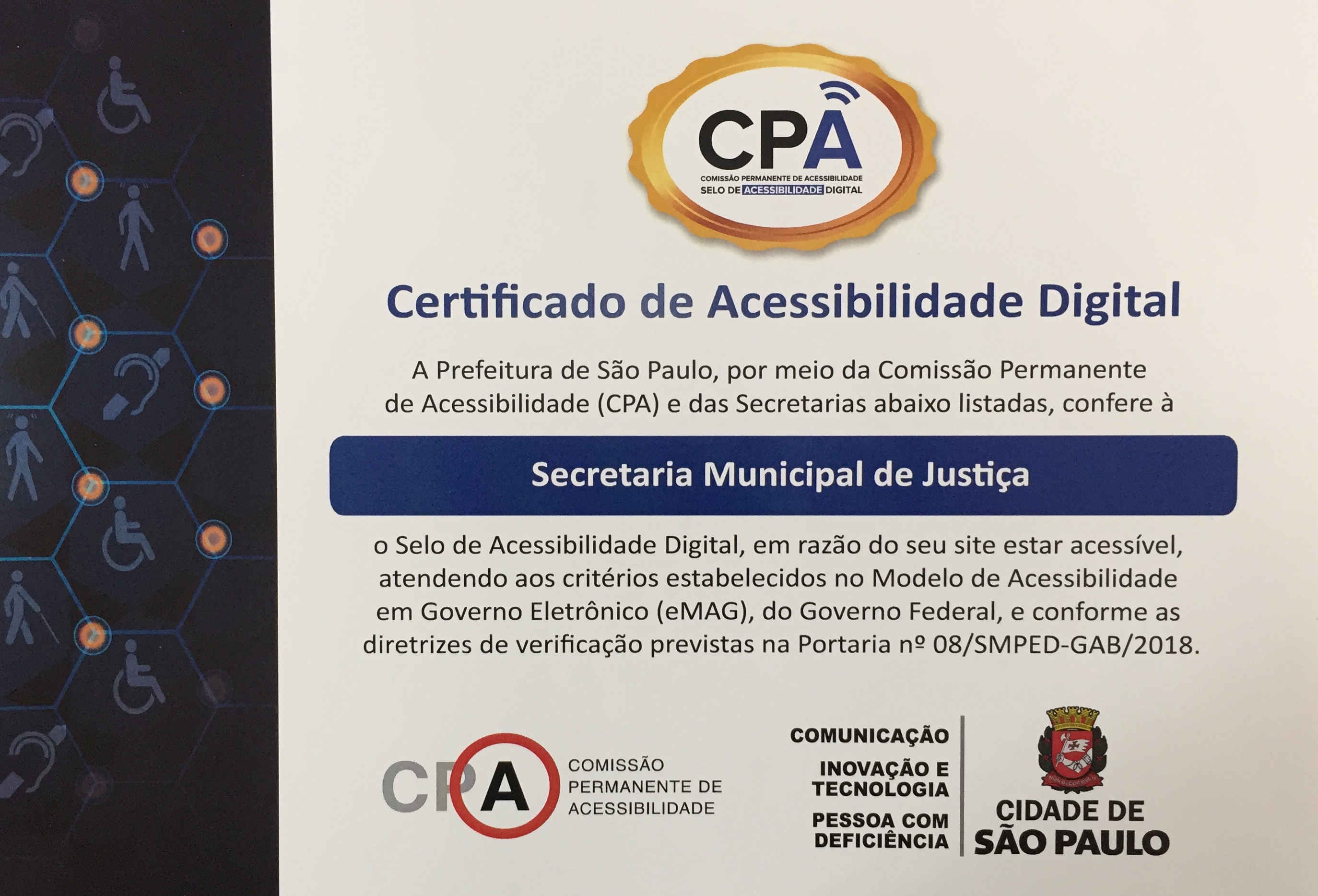 Foto do selo de acessibilidade digital da Secretaria Municipal de Justiça
