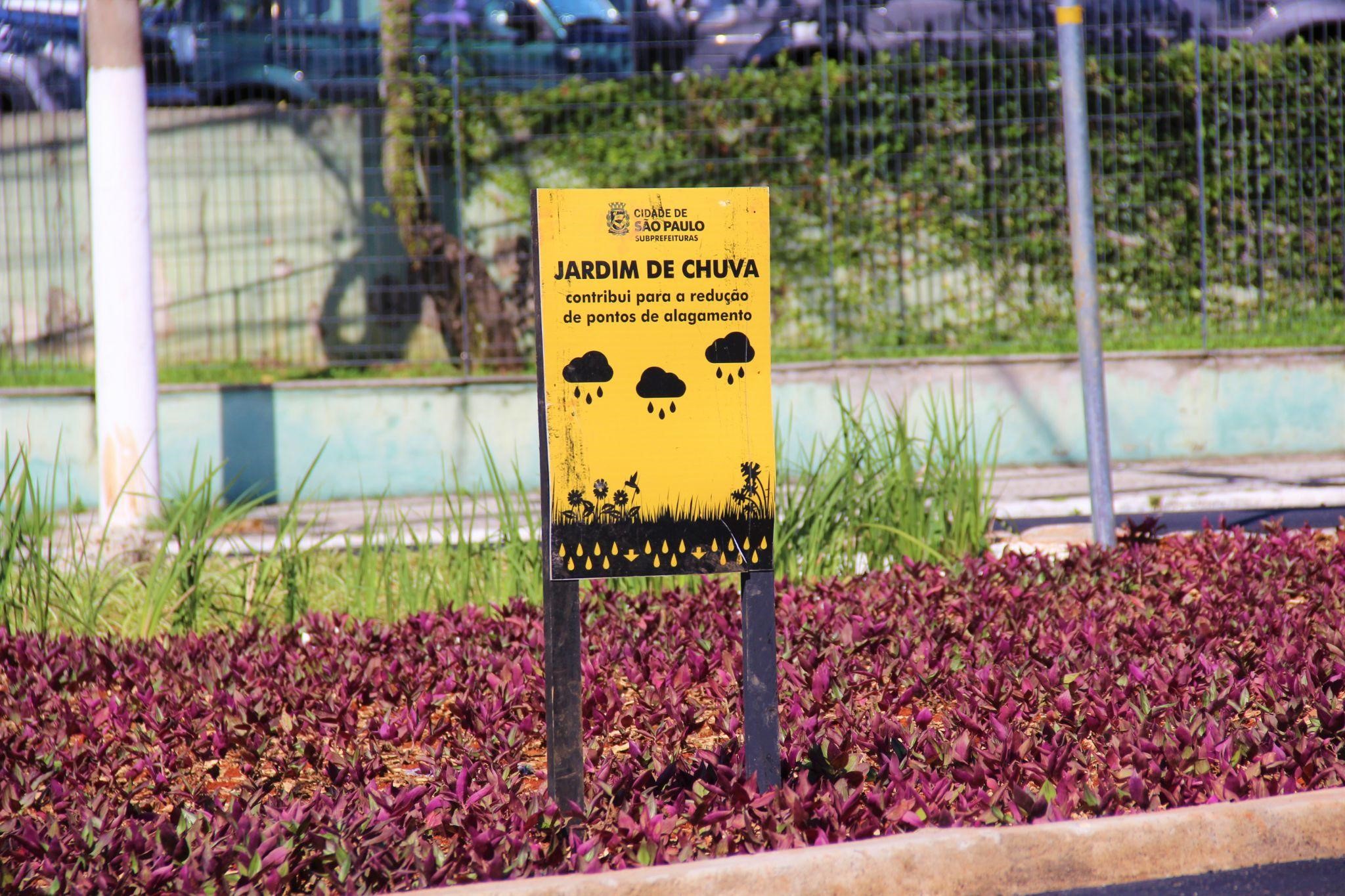 A imagem mostra um jardim de chuva com uma placa amarela escrito "jardim de chuva" em preto, com pequenos detalhes que representam o jardim.