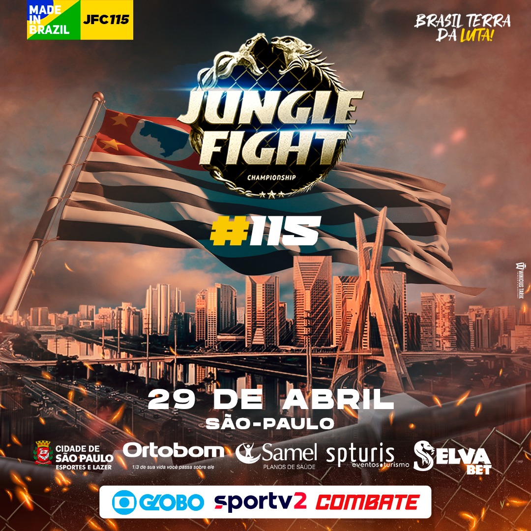 Na imagem, arte para divulgação do Jungle Fight 115 com a cidade de São Paulo ao fundo