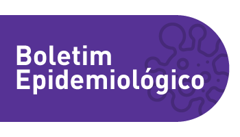 banner com fundo roxo e texto "Boletim Epidemiológico" ao centro, com uma ilustração de um vírus ao fundo, em roxo escuro