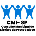 Desenho de três pessoas de mãos dadas e com os braços para o alto, com os dizeres CMI-SP Conselho Municipal de Direitos da Pessoa Idosa.