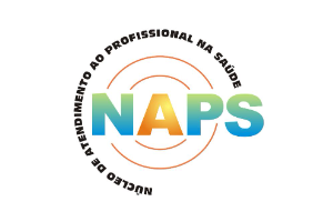 No centro da imagem está a sigla NAPS juntamente com duas faixas circulares. Contornando a Sigla NAPS e os dois círculos, está escrito Núcleo de Atendimento ao Profissional na Saúde.