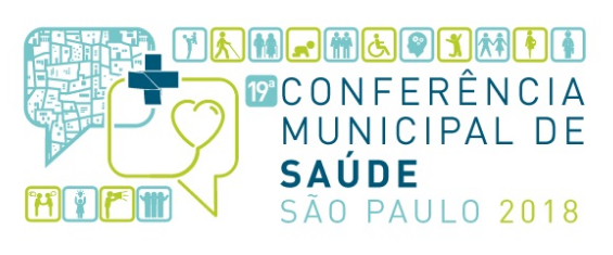 #PraCegoVer: fundo branco com vários ícones representando a diversidade dos munícipes (idoso, PCD, crianças, casal, grávida etc.). Em letras azuis e amarelas está escrito 19ª Conferência Municipal de Saúde - São Paulo 2018