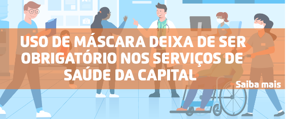 Fundo com ilustração de um serviço de saúde, faixa laranja, titulo na cor branca