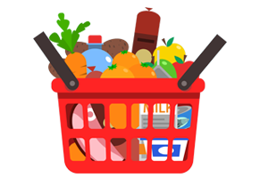 A foto mostra uma cesta com frutas, legume e embutidos
