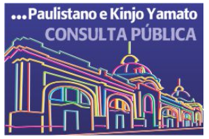 Imagem com fundo azul e mostra o Mercado. Desenhado  com lápis coloridos escrito e escrito em  cima Paulistano e Kinjo Yamato Consulta Pública.