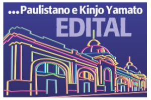 Imagem com fundo azul e mostra o Mercado Paulistano. Desenhado com lápis coloridos e escrito em cima Paulistano e Kinjo Yamato Edital.