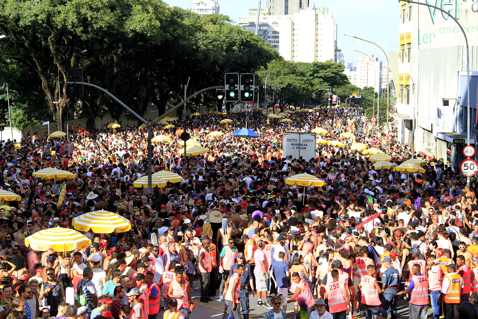 A imagem mostra foliões curtindo o carnaval de rua na cidade.