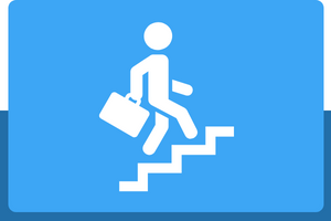 fundo azul, desenho de uma pessoa subindo escadas