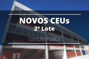 No pano de fundo, fotografia desfocada de um edifício (escola) nas cores branca e vermelha. No primeiro plano, título da capa, na cor branca sobre uma faixa na cor fumê, escrito: novos ceus; abaixo: segundo lote, e abaixo: consulta pública.